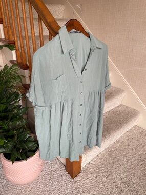 Fore Relaxed Linen Blend Button Down Dress in Sage Green